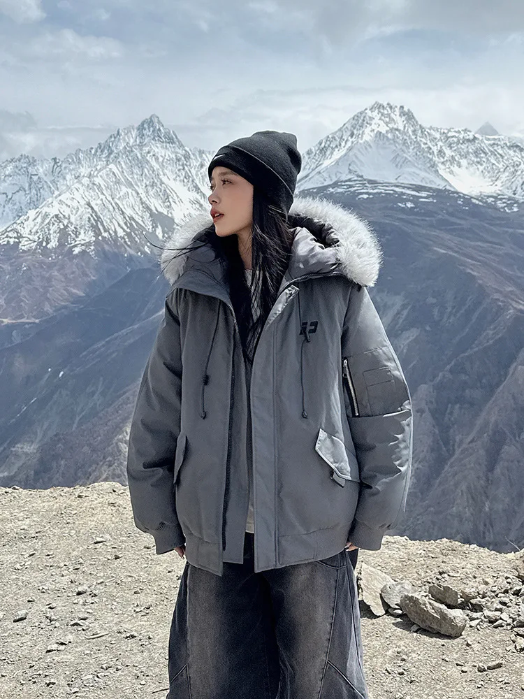 

American Style Retro Big Fur Collar Hooded Short Style Down Cotton Jackets Women Winter Thick Warm Casual Parkas Coat