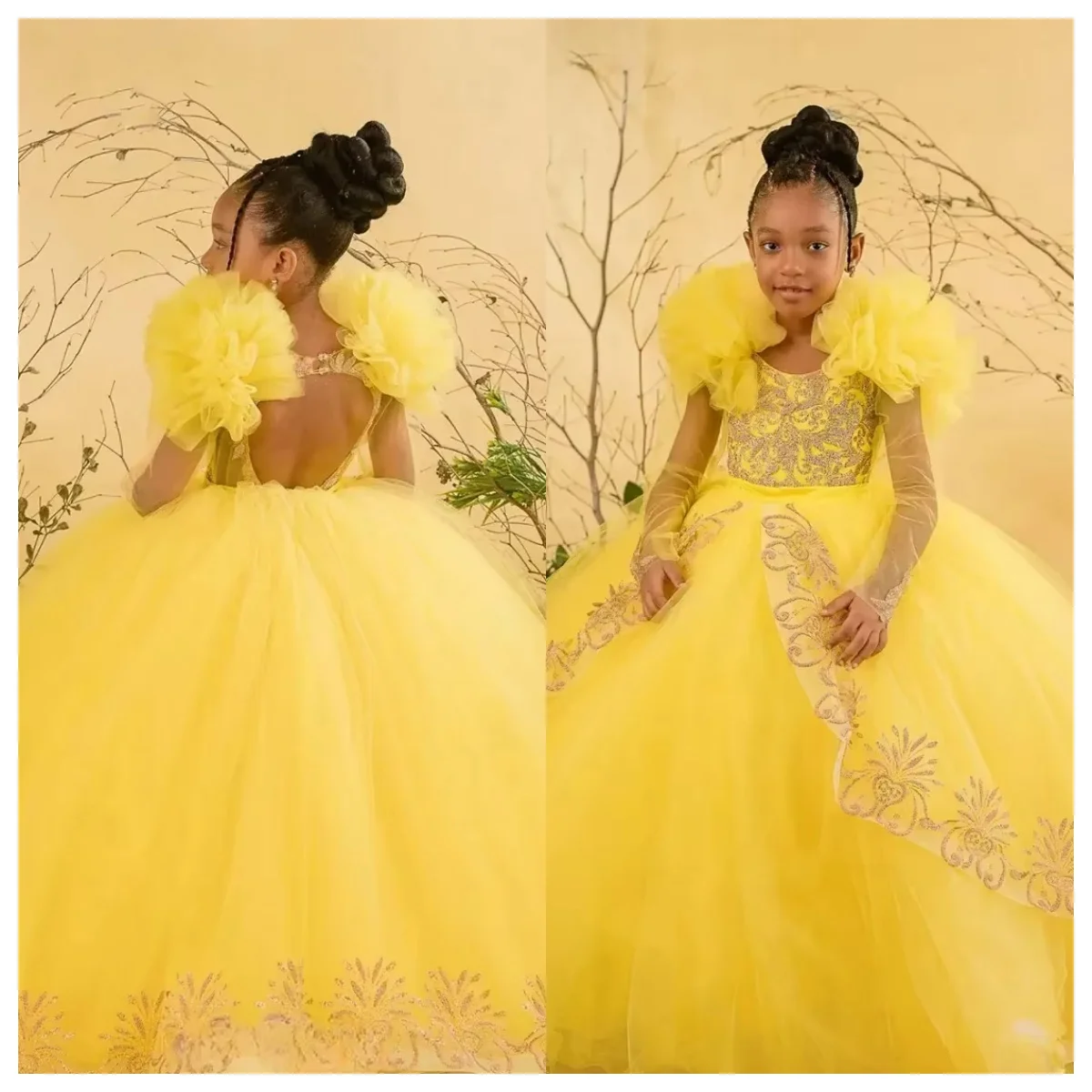 

Платья для девочек-цветочниц на заказ, желтое свадебное платье для первого причастия, с длинными рукавами, кружевное вечернее платье с оборками и бисером на день рождения