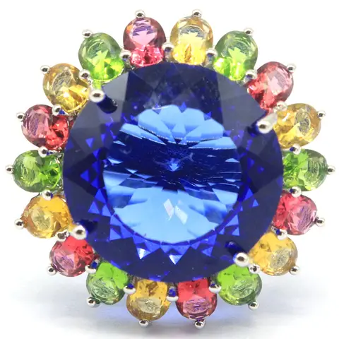 SheCrown 30x30mm Big Gemstone Green Amethyst Rhodolite Garnet Violet Tanzanite Smokey Topaz Women Dating Silver Rings Many Sizes