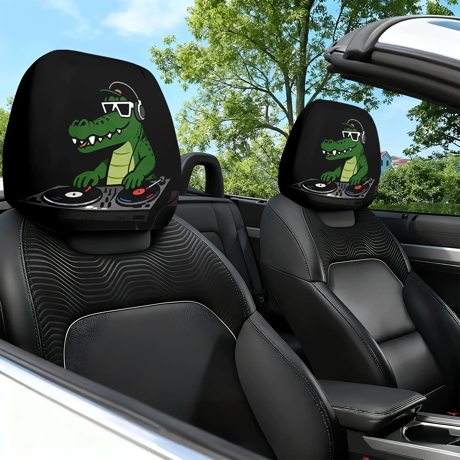 2pcs Car Headrest Cover Crocodile DJ Theme Print Car Seat Cushion Headrest Neck Pillow Cover - with Cute Design - Car Interior