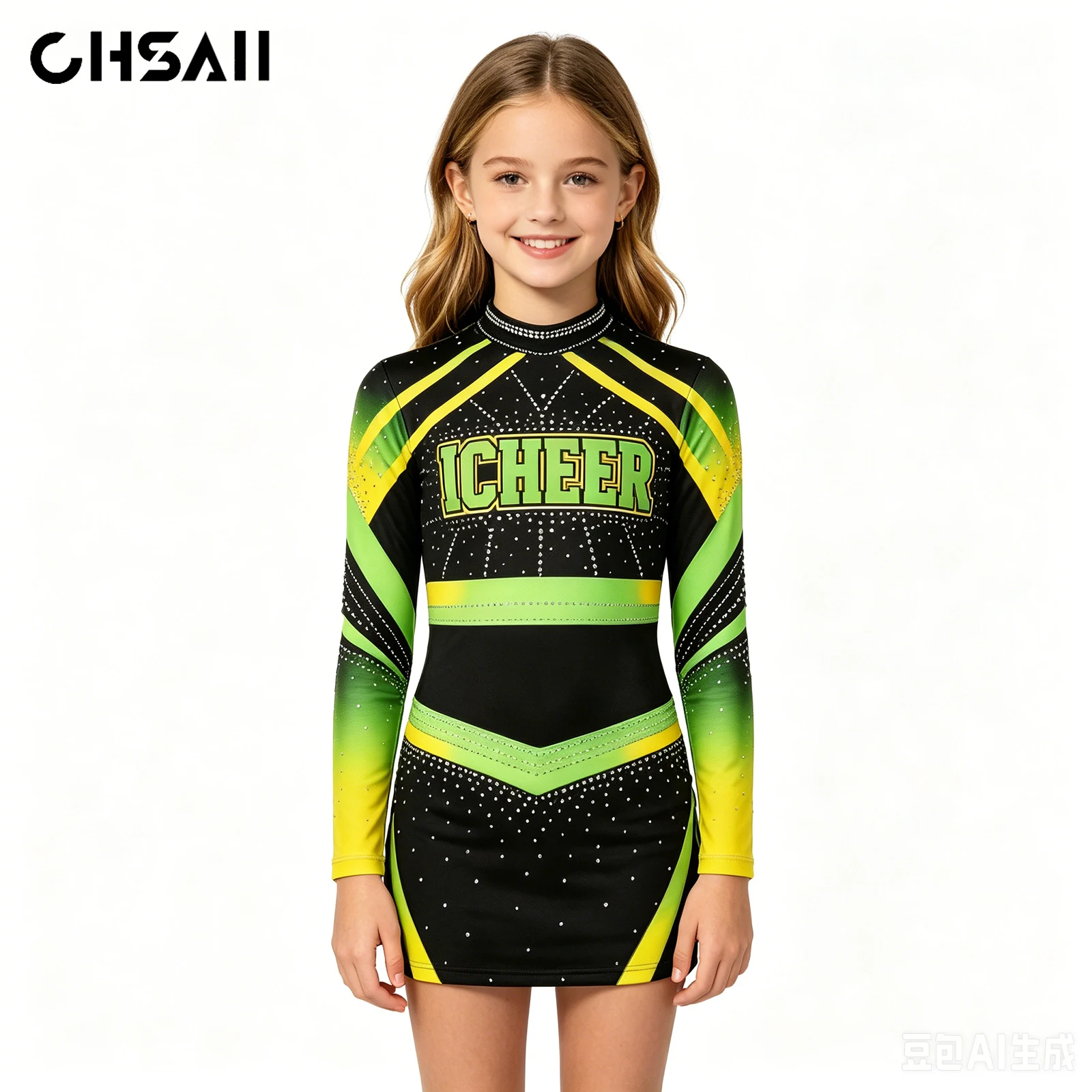 

Girls Rhinestone Cheerleader Uniform Long Sleeve Black Green Yellow Gradient Cheerleading Outfit Competition Performance Dance