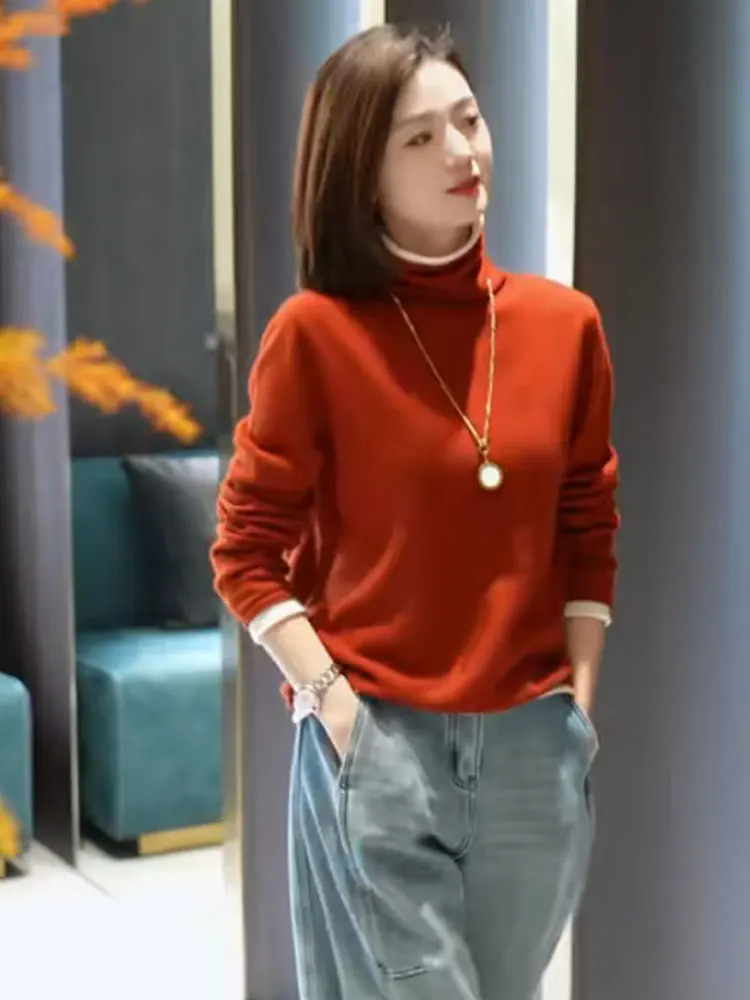 

2025 New High Collar Color Blo Base irt Casual Commute Sle Women's Inner Wear Knitted Top Loose Fit Long Sve