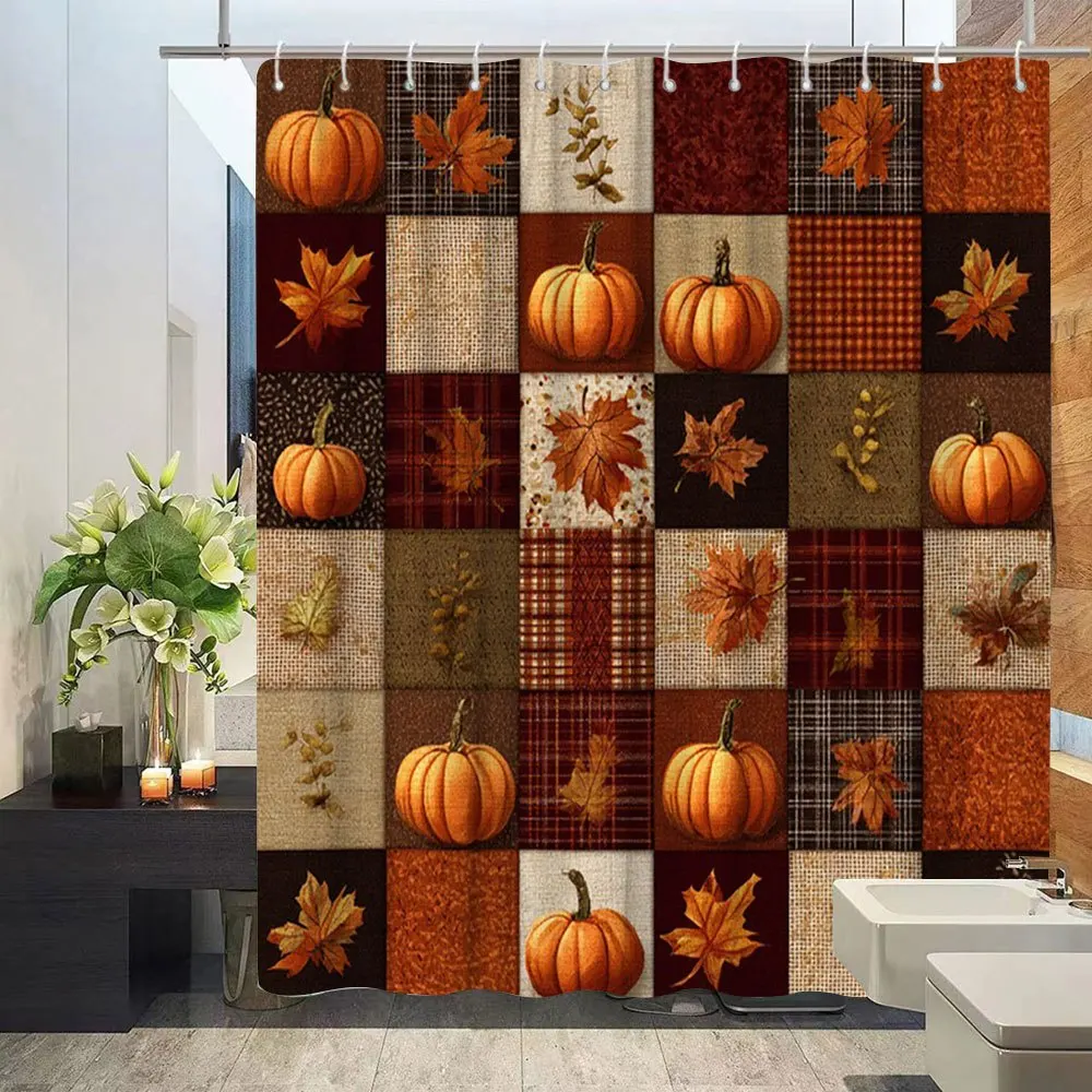 New in 2026 1pc a Vintage Fall Pumpkin Patch Shower Curtain - Warm Brown, Orange, And Beige in a Rustic Farmhouse Bathroom Decoration - Featuring Plaid And Floral Autumn Designs, Measuring 70.8X70.8 Inches - Made of Polyester Fabric, Includes 12 Hooks