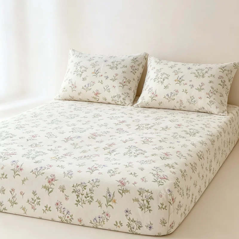 3Pcs Plant Fitted Bed Sheet With Elastic Band Anti-slip Adjustable Mattress Cover (Pillowcase without pillow core))