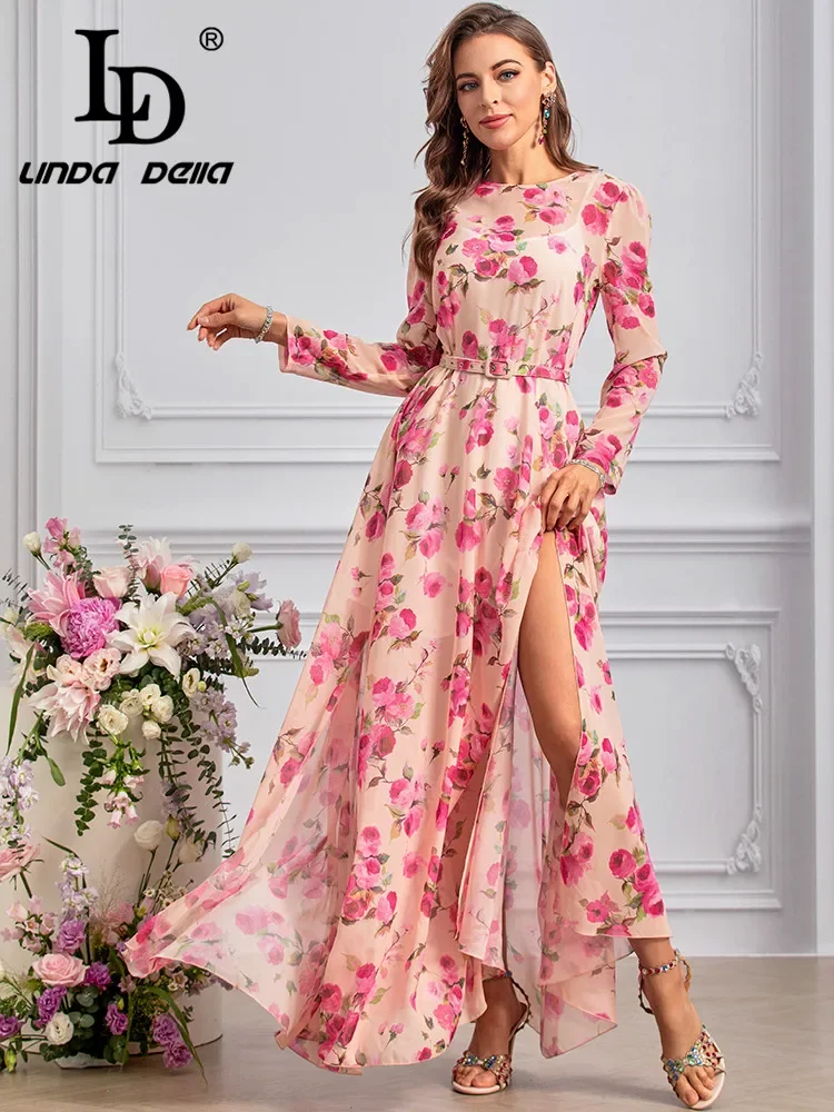 

LD LINDA DELLA Autumn Runway Fashion Dress Women's Bohemian Floral Print Sashes Chiffon Flutter Side Split Temperament Dresses