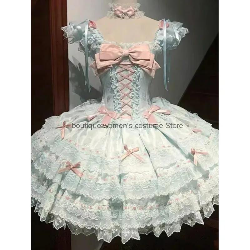 

Cos Sweet Lolita Dress Bowknot Square Neck Dress Summer New Age-Reducing Slimming Puffy Princess Dress Halloween C