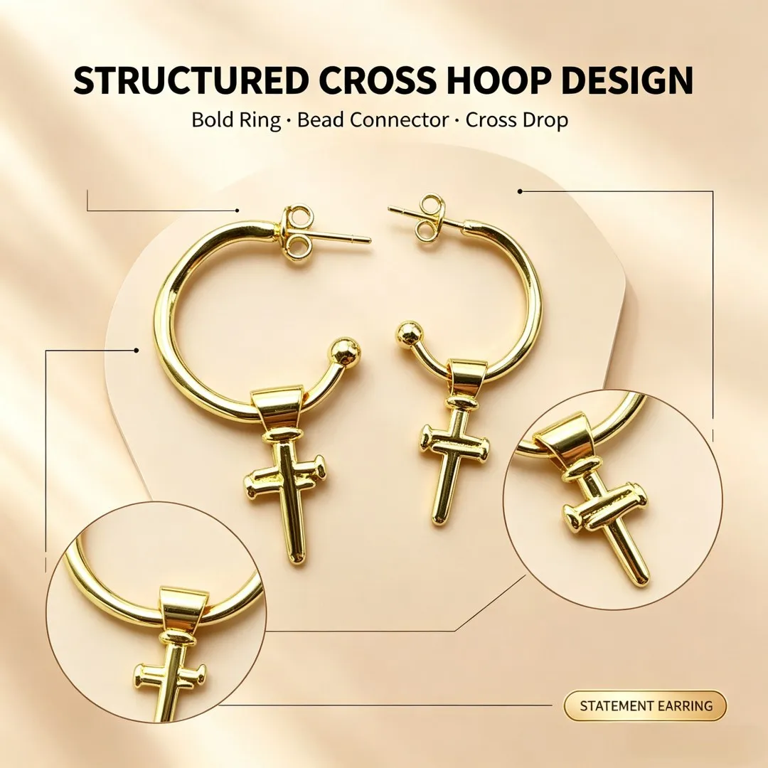 2026 Spanish Rock Hip Hop Style Gold Cross Pendant Geometric Earrings Jewelry Accessories Couple Gift