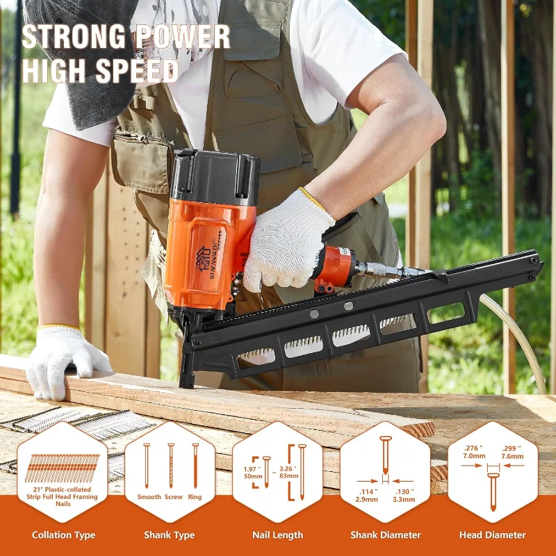 Профессиональный гвоздезабивной прибор с 21-градусным стальным журналом, пневматический гвоздезабивной пистолет с обрамлением, от 2 до 3-1/4 дюйма