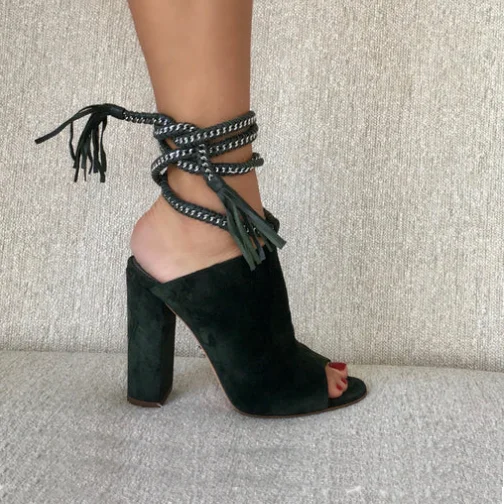 

Green Suede Sandals Peep Toe Fringe Tassels Ankle Straps Lace Up Chunky Heel Summer Slingback Women Fashion Vintage Sexy Shoes