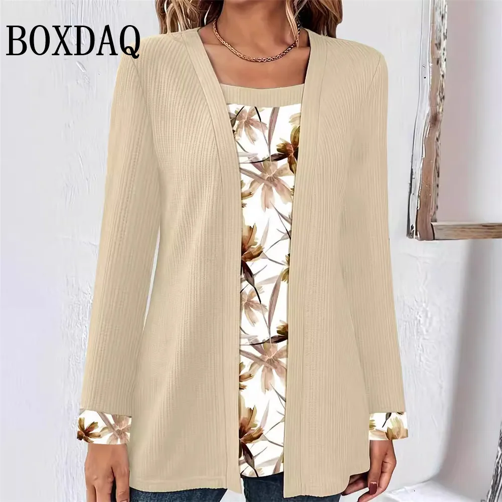 2024 New Women Fake Two-Piece T Shirt Autumn Winter Long Sleeve Flower Print Shirt Casual Blouse Ladies Loose Plus Size Tops 5XL