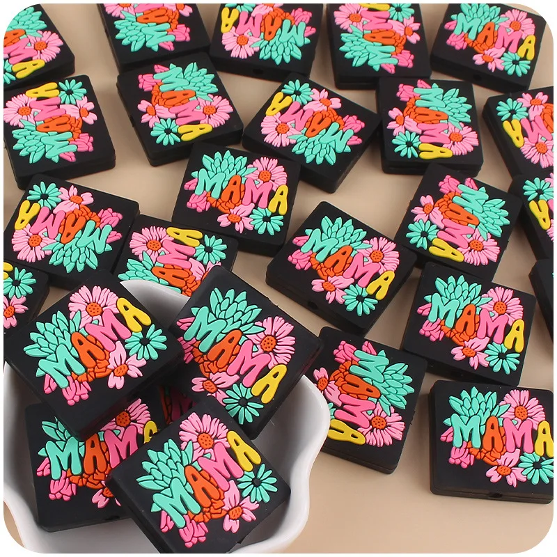 ABCPICK 3pc New MAMA Flower Silicone Beads Cartoon Focal Beads For Making DIY Pacifier Chain Necklace Jewelry Accessories