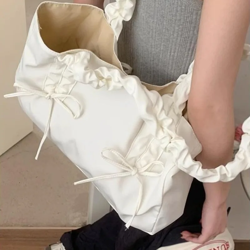 Xiuya Pink Pleated Womens Tote Bag Nylon Sweet Elegant Gentle Literary Casual Shoulder Bag Aesthetic New Korean Fashion Handbag