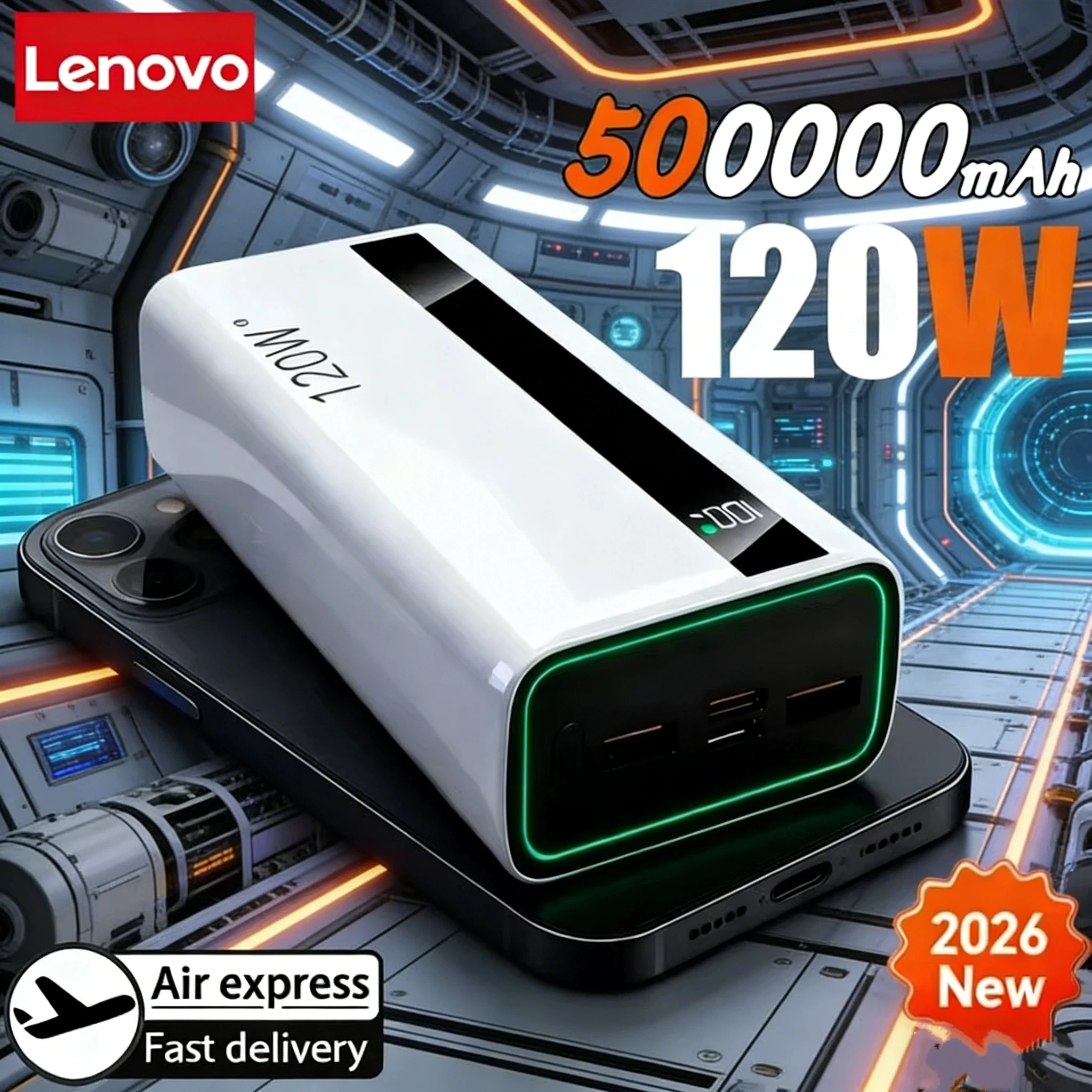 Lenovo 500000mAh 120W Fast Charging High Capacity Power Bank External Battery Portable Battery Charger For iPhone For Samsung