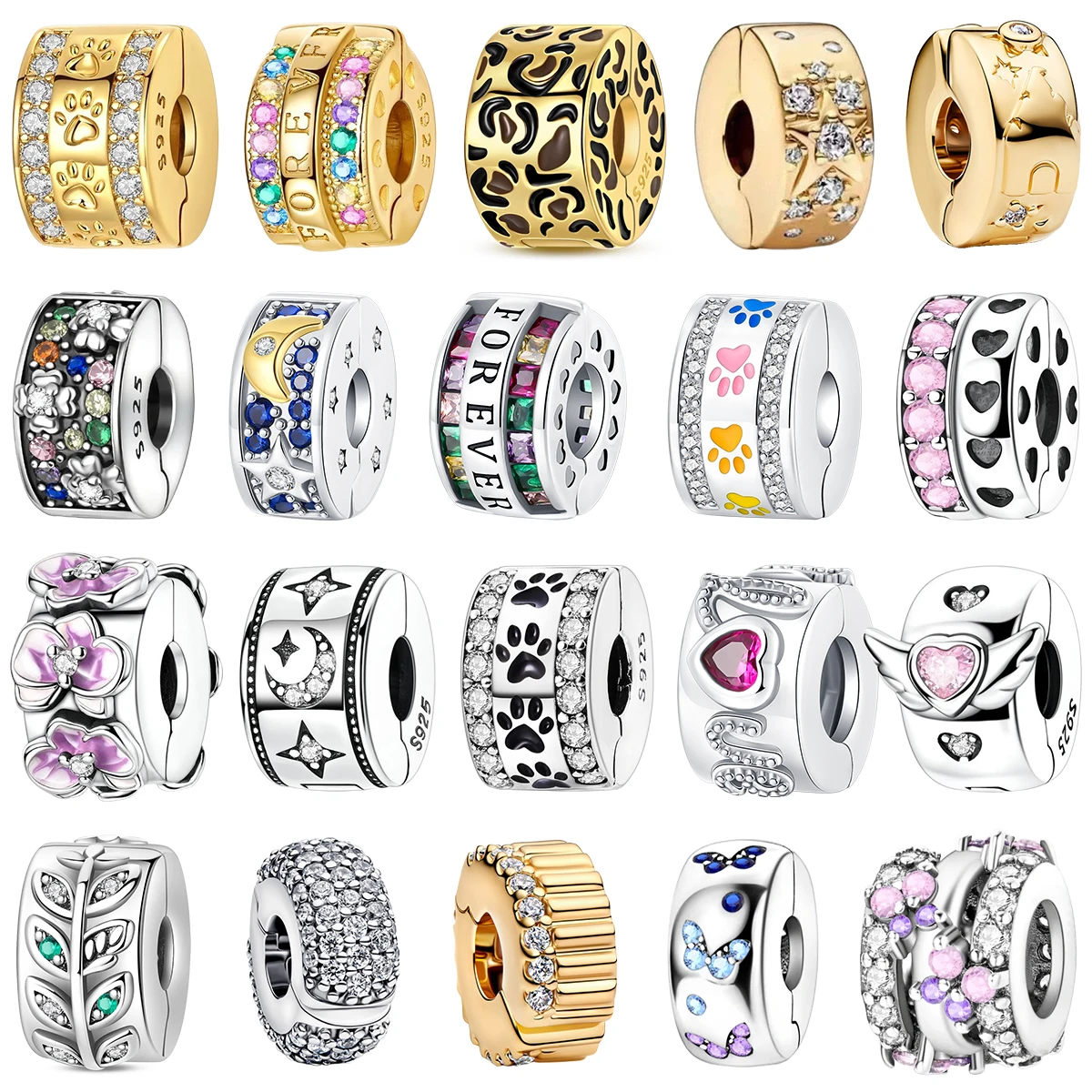 925 Sterling Silver Stopper Spacer Bead Leopard Print Paw Print Moon Star Heart Flower Butterfly Beads Fit Bracelet DIY Jewelry