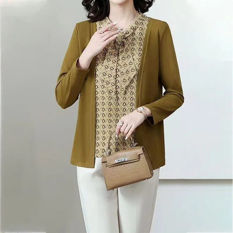 Spring Autumn Printed Patchwork Tops Female Fashion Long Sleeve Casual Scarf Collar Pullovers Women's Clothing Fake Two Pieces