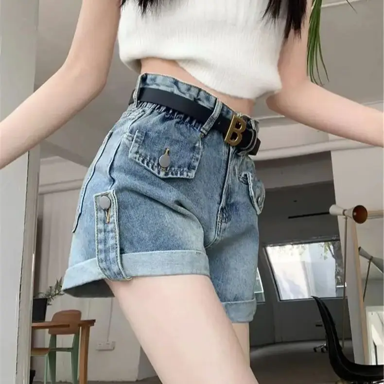Retro Blue Rolled Denim Shorts Women Spring New High Waist Loose Slim Niche Design Sense A Line Wide-Leg Short Pants