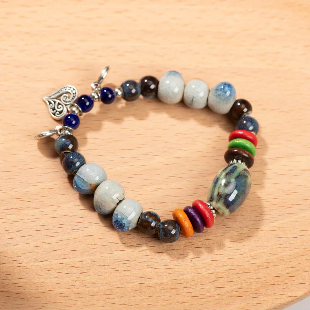 Handmade Ceramic Cracked Ice Vintage Single-Layer Bracelet with Elastic Cord Bohemian Chic Jewelry Unique Gift Idea Z797
