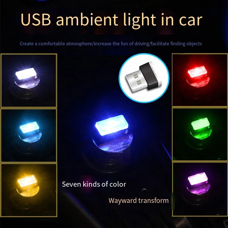 1Pc Mini USB LED Car Atmosphere Lights Car Decorative Lamp Emergency Lighting Universal PC Portable Plug and Play Car Light