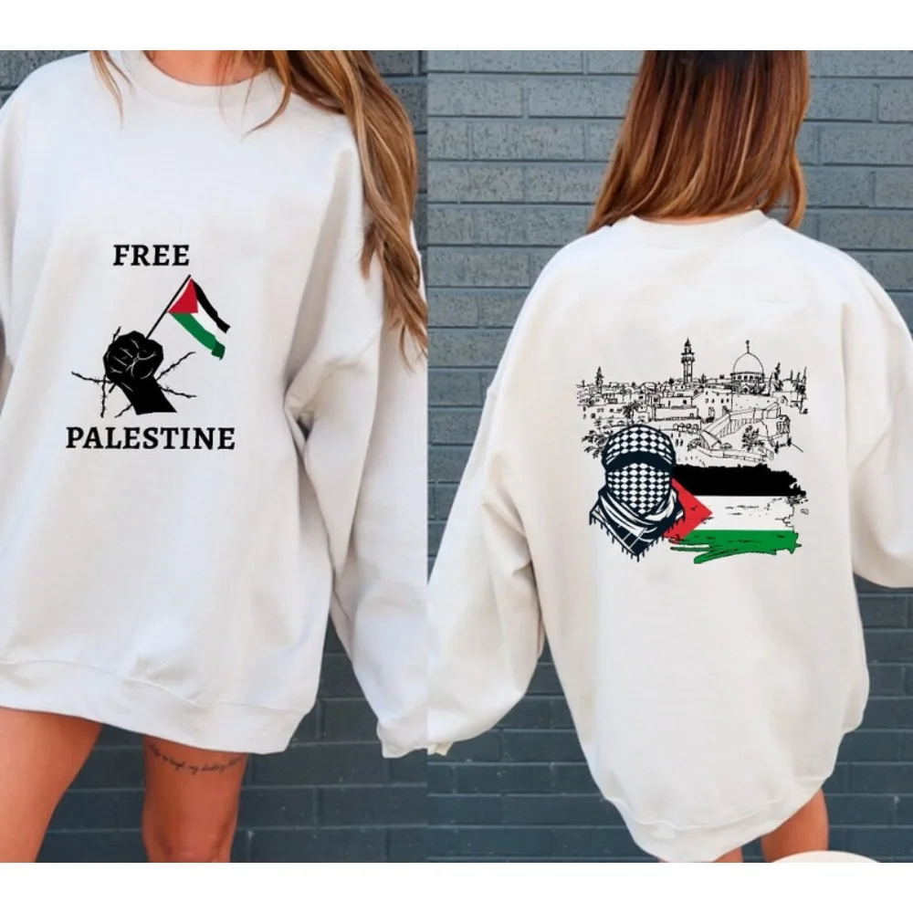 Sudadera con capucha de Kufia para hombre y mujer, suéter de arte con movimiento de bandera ondulante, puente de Gaza con cuello redondo