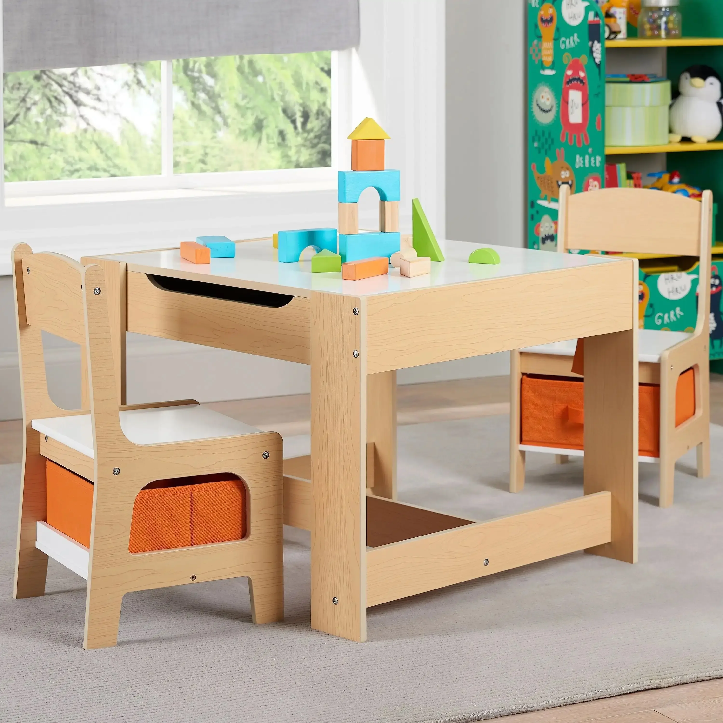 Kids Table Chairs Set Wooden with Storage 3 Piece Bedrooms Playrooms