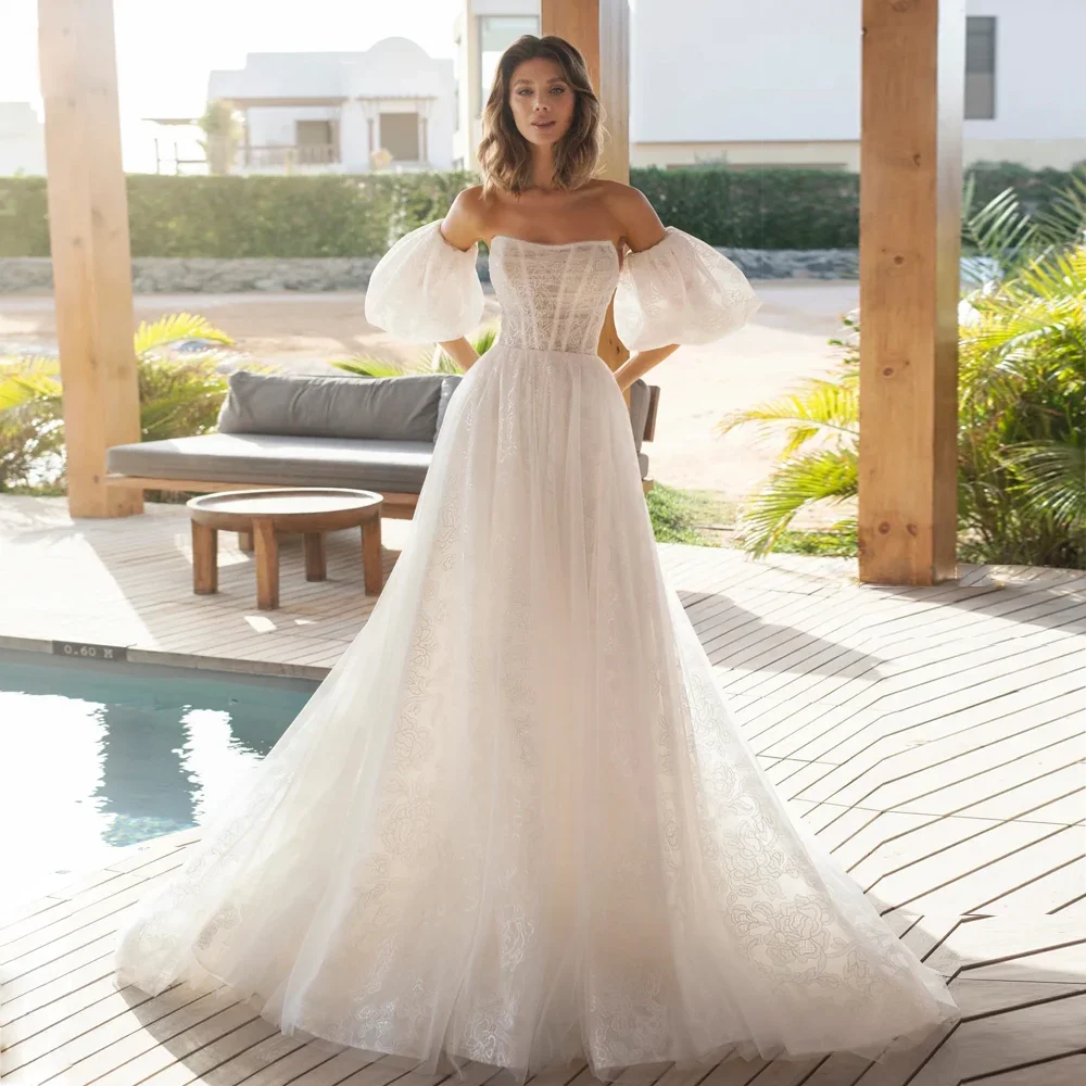 Gaun Pengantin Tanpa Tali Elegan Kustom Gaun Pengantin Lengan Puff Renda Bunga Tulle A Line Buka Kembali Vestidos De Novia