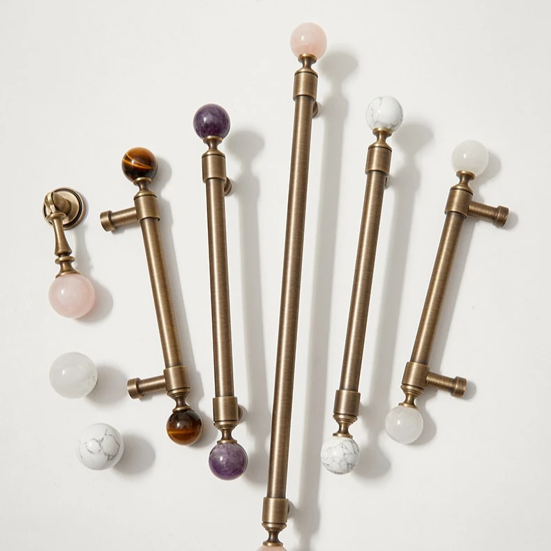 Vintage Brass Cabinet Handles with Marble Knobs Retro Drawer Pulls for Kitchen Wardrobe Furniture Hardware
