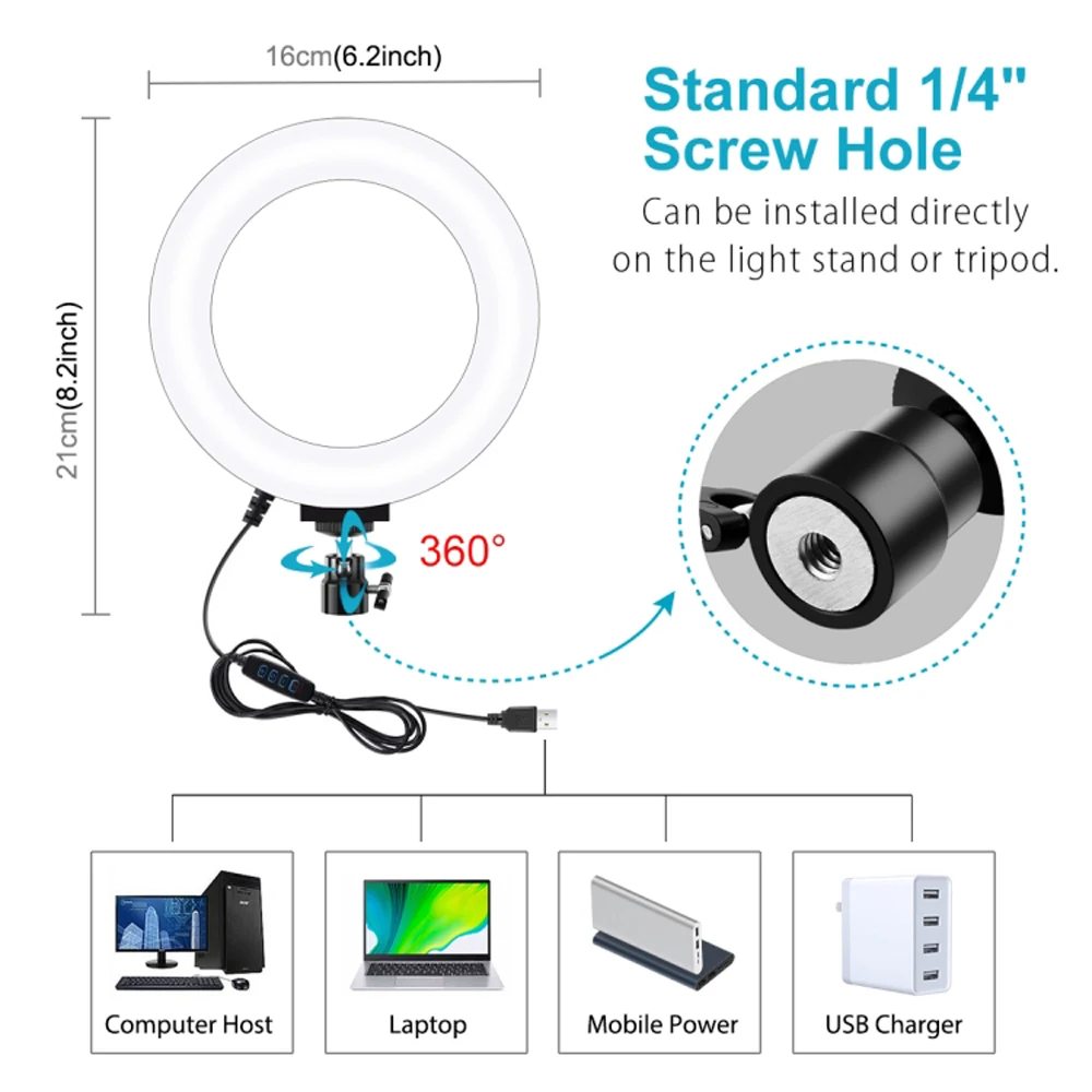 PULUZ 6.2 pollici USB 3 Modalità di Dimmable LED Ad Anello Sulla Fotocamera Luce Video con Scarpa Freddo Treppiede Testa A Sfera