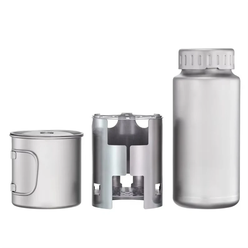 Ultralight Titanium Camping Cookware Set 1200ml Pot 650ml Cup with Folding Wood Burning Stove for Backpacking Hiking Gear