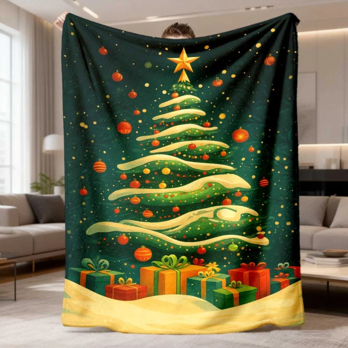 Snowy Xmas Tree Gift Box Throw Blanket for All Indoor Space Daily Relax Birthday Anniversary Winter Holiday Gift