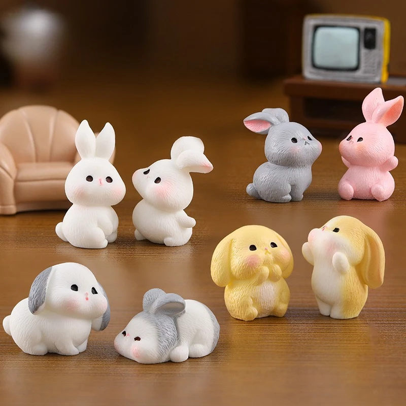 Random 10PCS Cute Rabbit Family Resin Charms Sitting Running Lying Pink Gray Micro Landscape Desk Decor