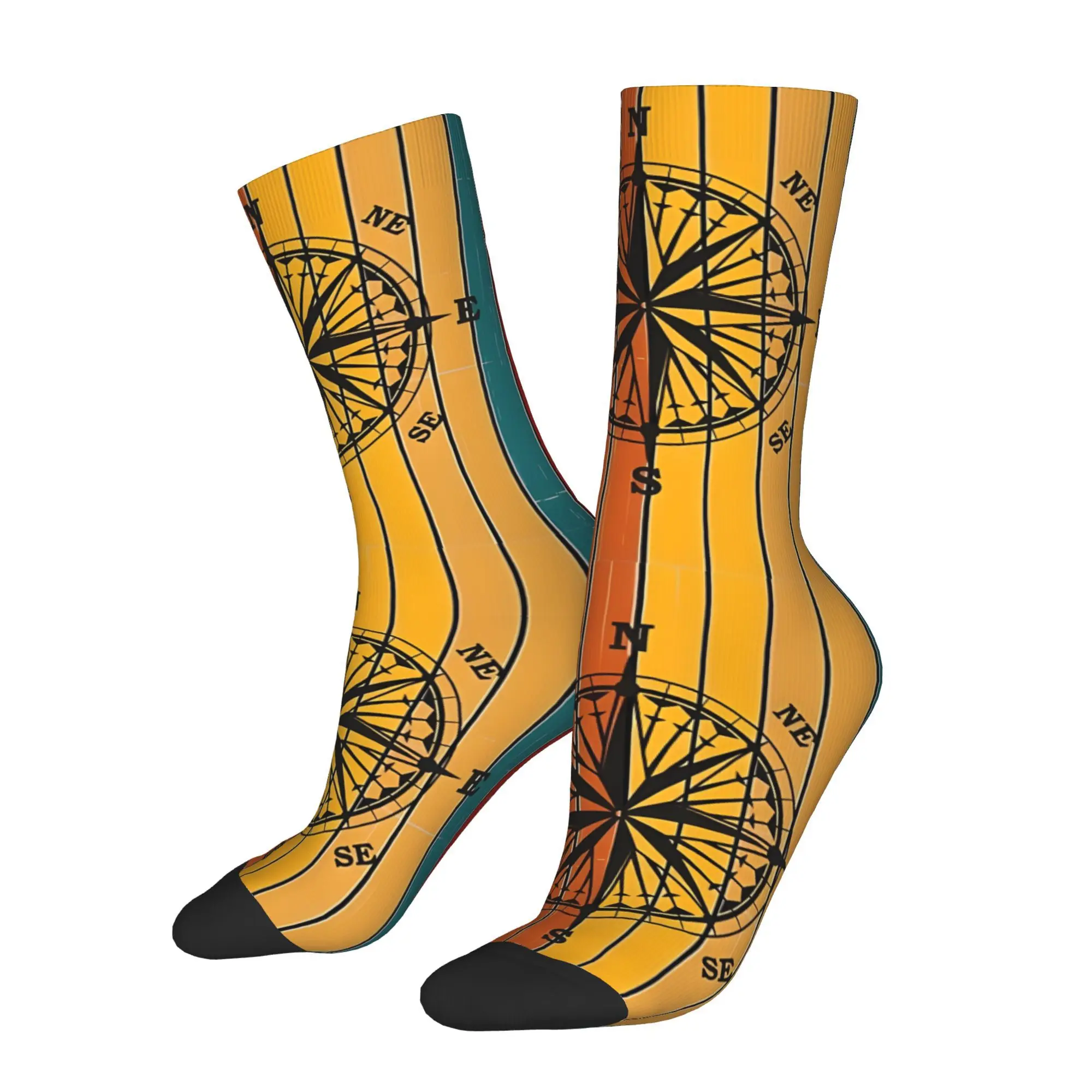 1pc Sunset Compass Design Printed Men's Socks  Novelty Hip Hop Harajuku Pattern Crew Sock Casual Gift