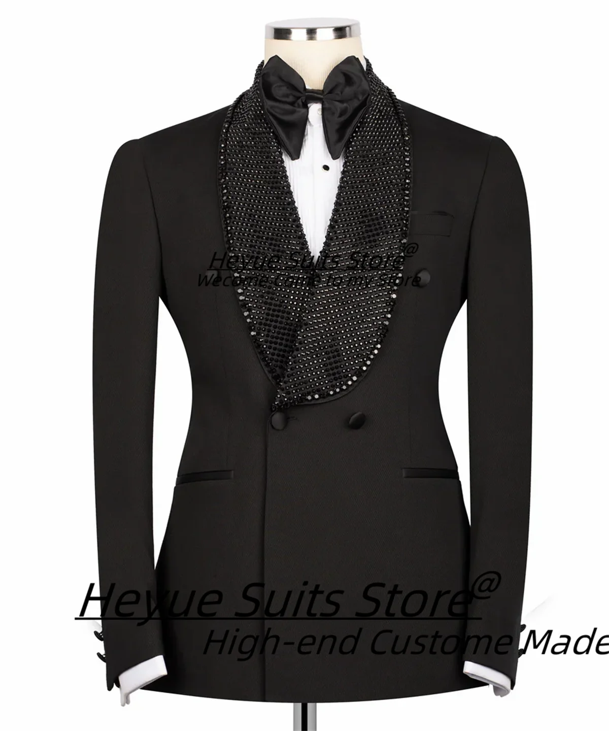 

Luxuly Bead Shawl Lapel Double Breasted Groom Wedding Tuxedos Customized High-qublity Male Prom Blazers 2Pieces Sets Ropa Hombre