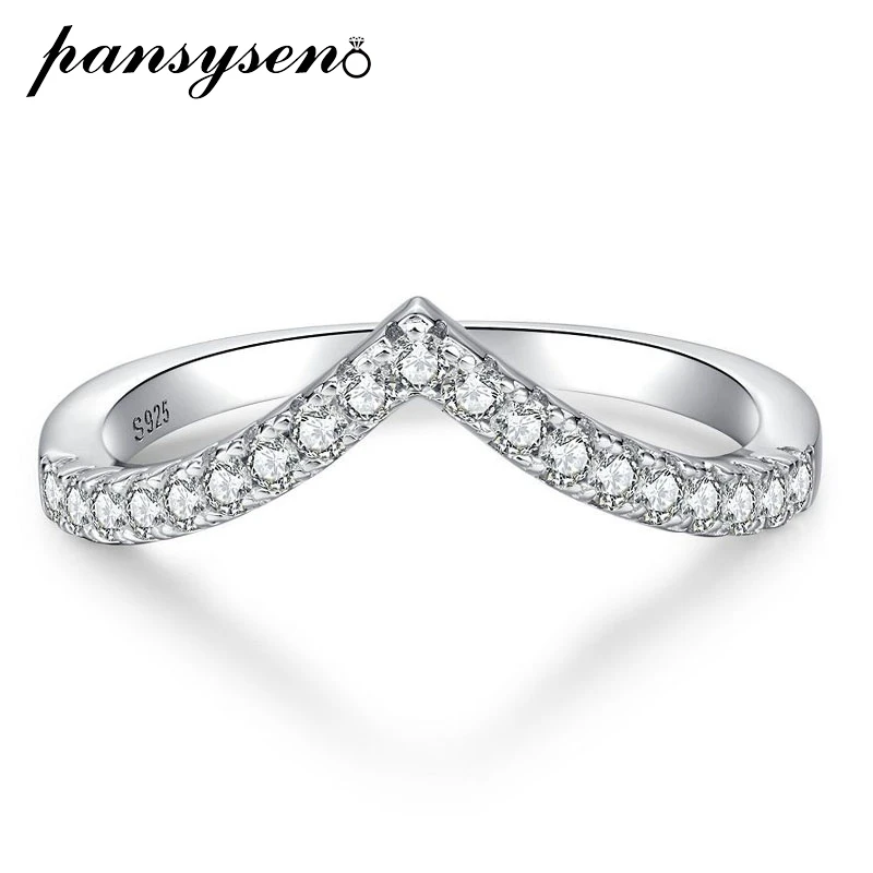 

PANSYSEN 100% 925 Sterling Silver V Shape Simulated Moissanite Diamond Gemstone Personality Wedding Ring Fine Jewelry Wholesale