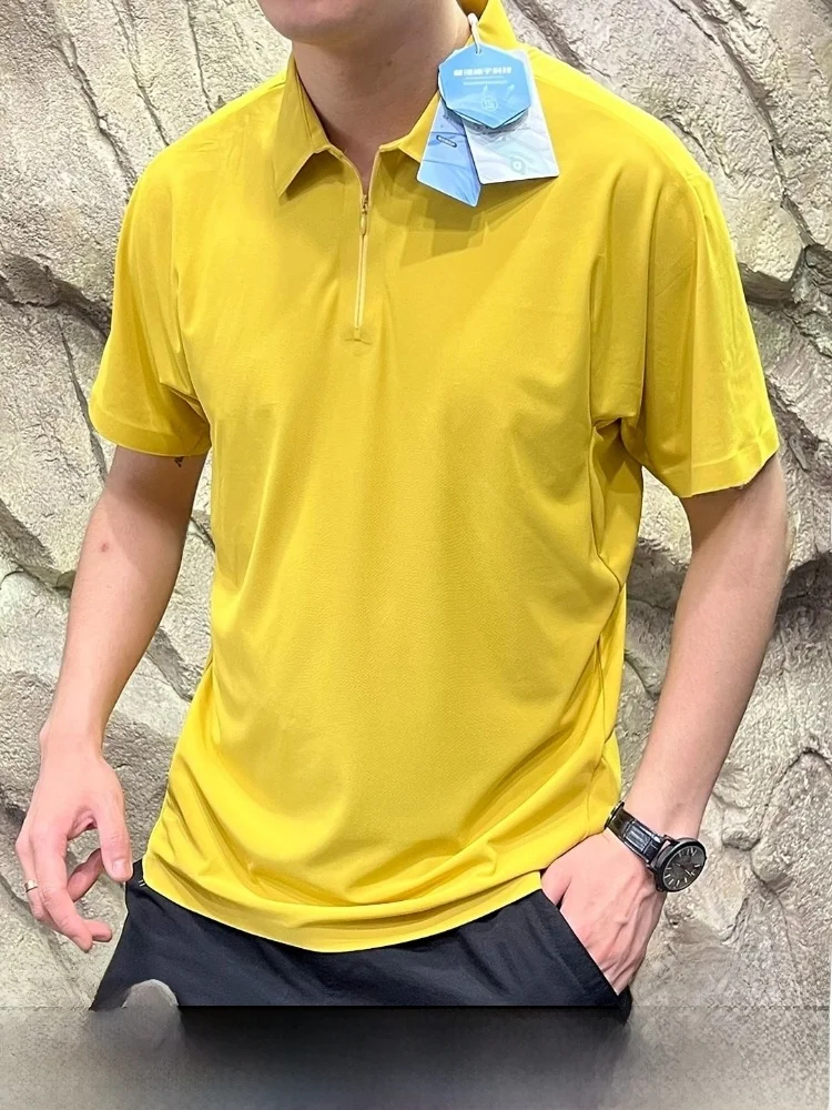 

Эластичная нейлоновая рубашка из ледяного шелка для мужчин, с коротким рукавом, отложным воротником, летняя, модная, приталенного кроя, для молодежи, повседневная.