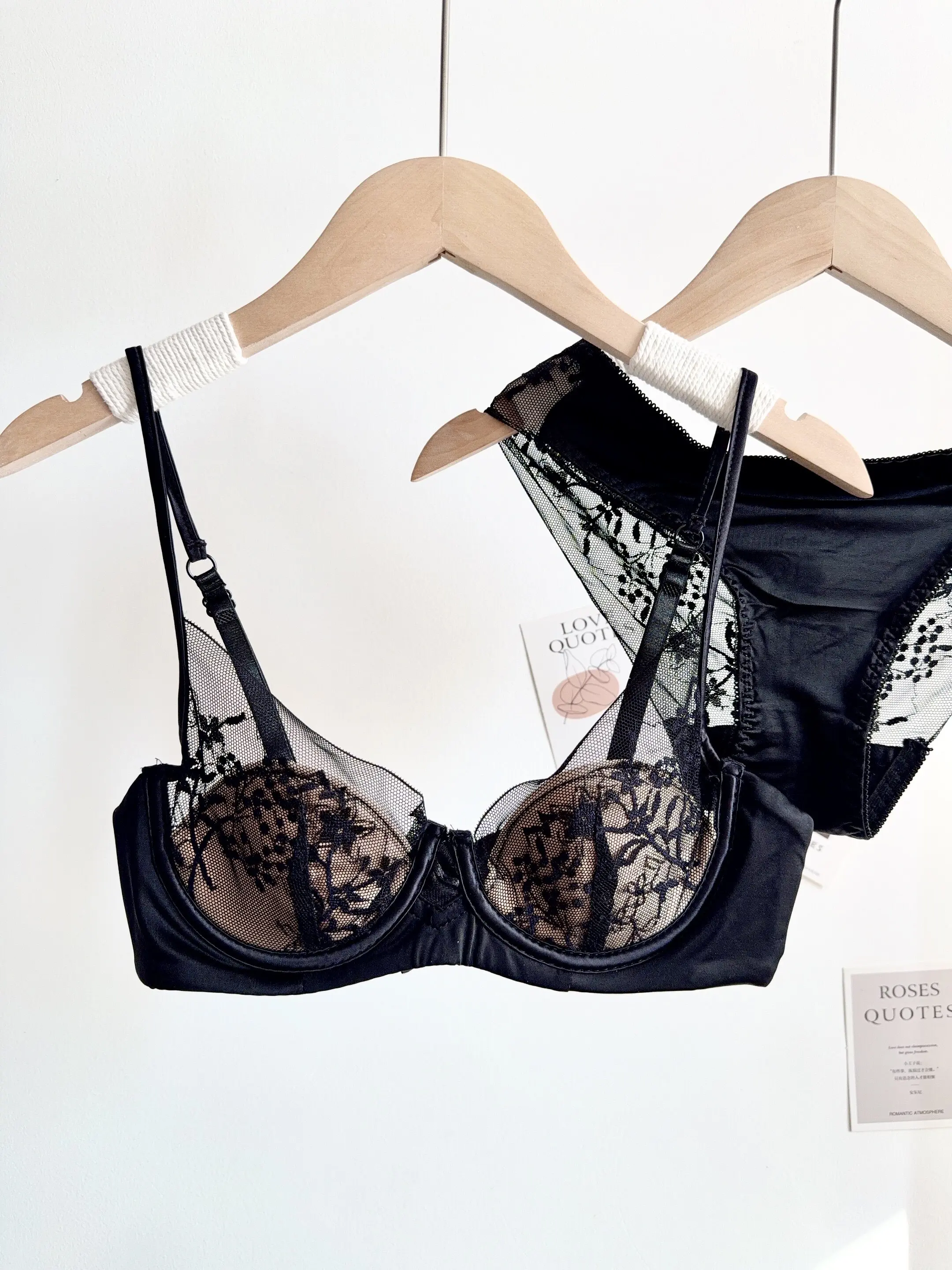 Conjunto de Lencería de Encaje Cómodo para Mujer, Sujetador con Aros Suaves, Copa Delgada, Push-Up, Transpirable, Ropa Interior para Mujeres con Busto Pequeño