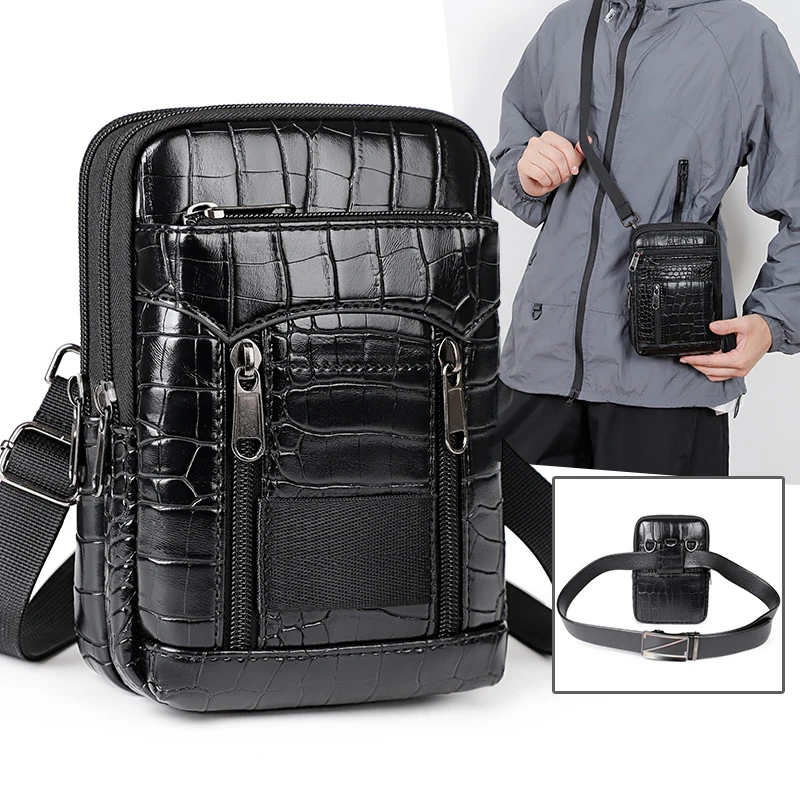 Men Stylish Crocodile Print Crossbody Shoulder Bag Wallet Tote  Leather Waist Bag Wearing Belt Outdoor Sport Business Travel Bag