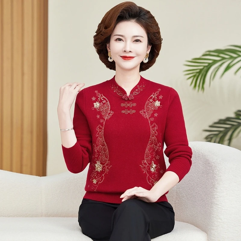 

Модный женский свитер среднего возраста для пожилых людей, новый весенне-осенний вязаный свитер, пуловер, повседневный женский трикотаж, топ