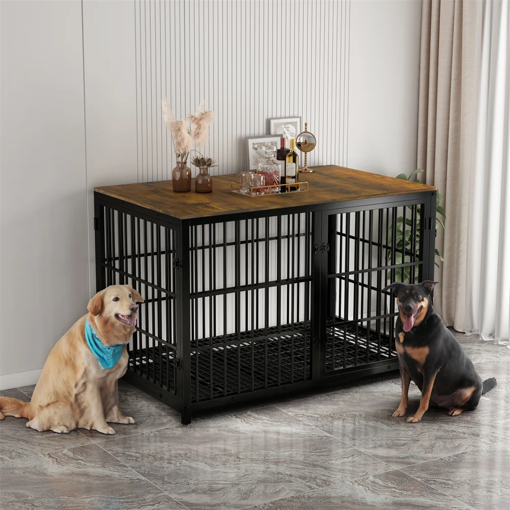 Heavy Duty XXL Dog Crate Wooden Industrial Dog Cage Kennel Furniture Style End Table Cabinet with Three Doors and Removable Tray