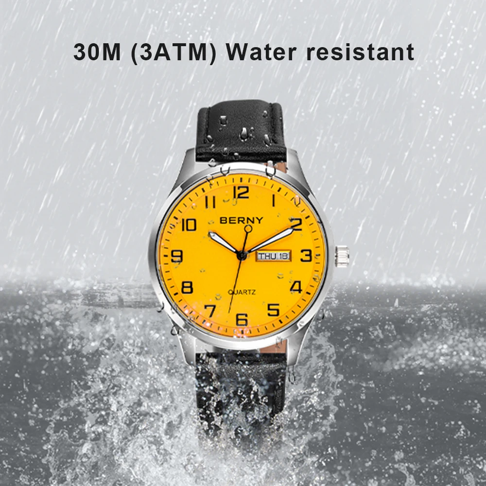 BERNY Classic Quartz Watch for Men MIYOTA 2105 Business Fashion Male Wristwatch Date Genuine Leather Men Watches Waterproof