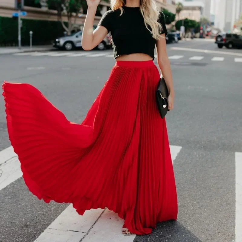 Gonna da donna di moda Prom stile coreano solido a vita alta abiti larghi eleganti da donna a pieghe gonne lunghe vestiti OFE03