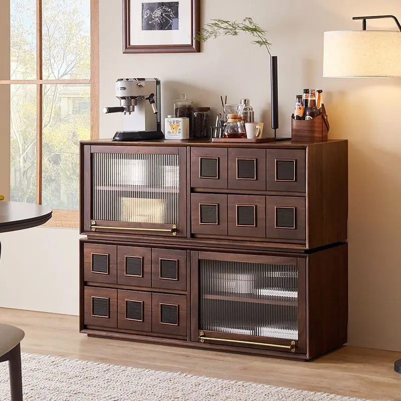 

Retro walnut color solid wood TV cabinet free combination low living room wall floor display storage