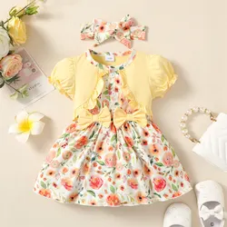 3-24 Months Newborn Baby Girl Lovely Korean Dress Bubble Sleeved Floral  Princess Dresses with Headband Girl's Daily Skirt