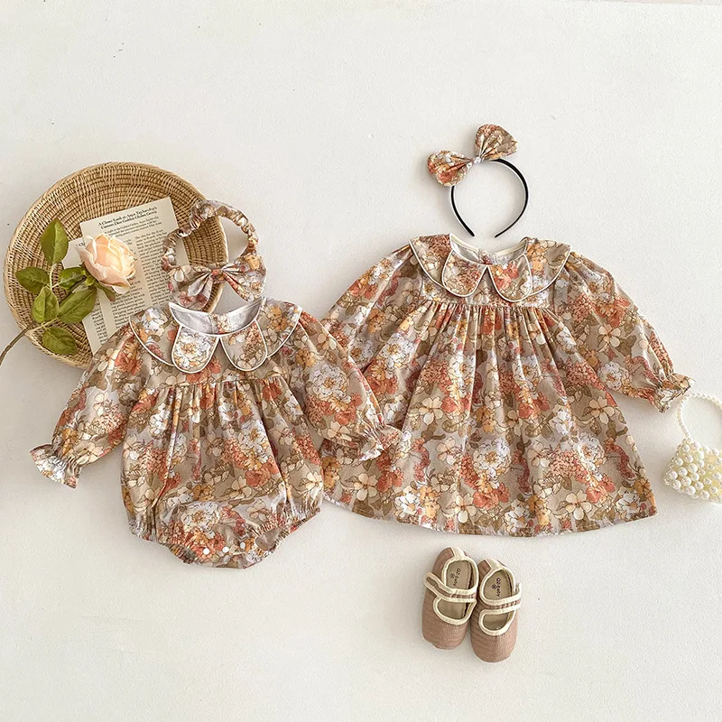 2024 Autumn Girls Dress Flower Print Vintage Children Dresses Newborn Cute Romper Baby Girsl Doll Collar Clothes Sister Matching