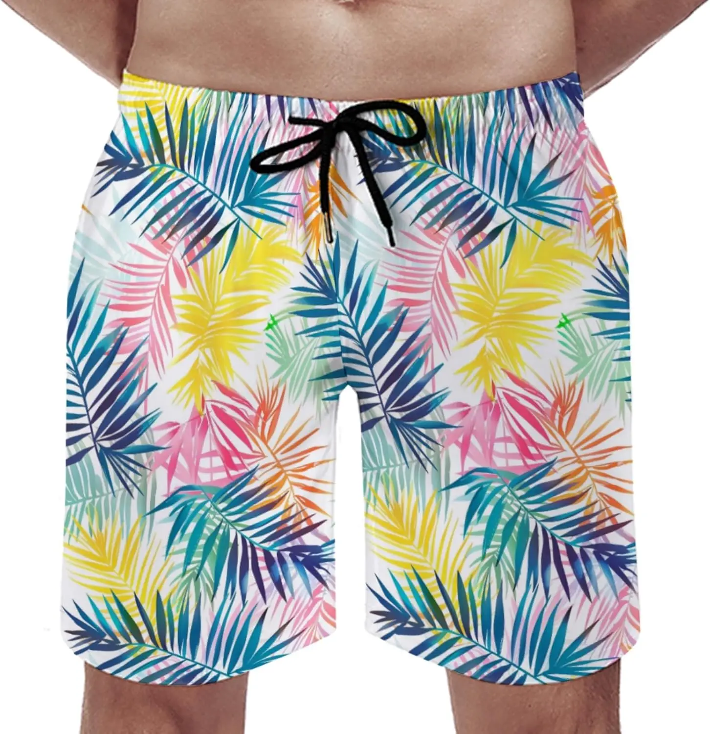 Colorful Palm Leaves Men's Swim Trunks Hawaiian Tropical Leaves Summer Surfing Shorts Bathing Pants with Pockets