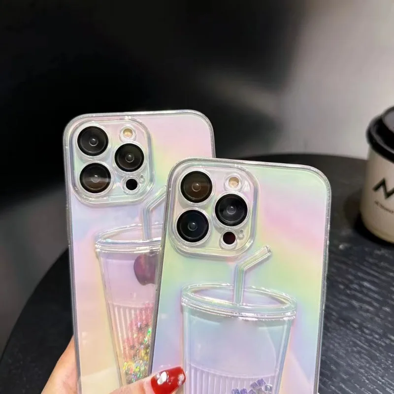 Fashion Milk Tea Cup Laser Quicksand Phone Case For iPhone 16 15 14 13 12 11 Pro Max Plus Transparent Gradient Shockproof Cover