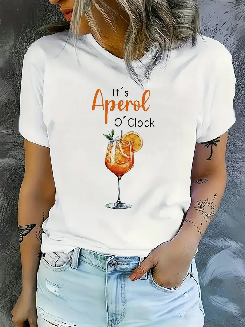 Camiseta con cuello redondo y estampado de Aperol O'Clock para mujer, pantalón corto informal de manga con estampado de letras, camiseta para primavera y verano, ropa para mujer