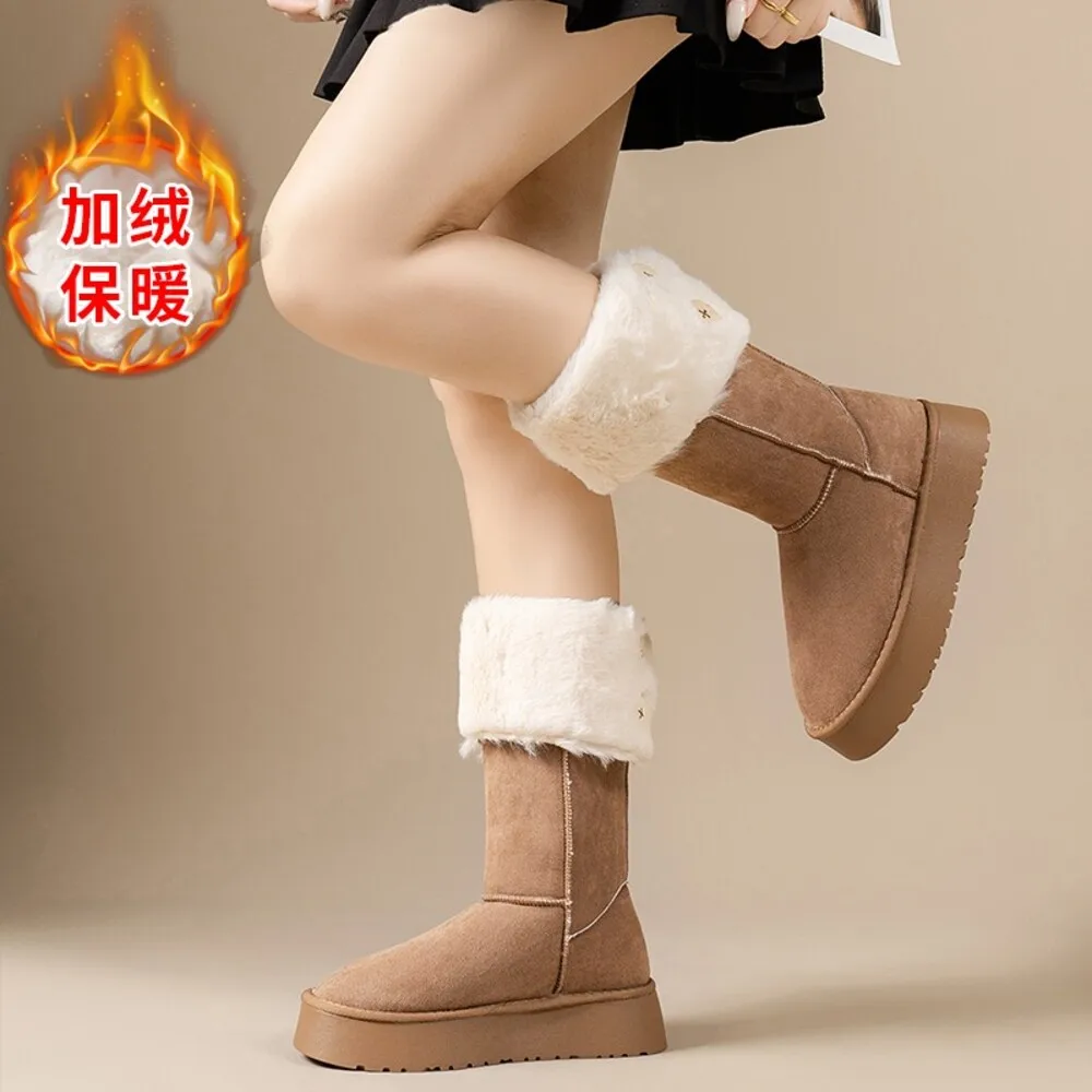 

Women's Thick Bottom Snow Boots Winter Two-Way Long Boot Northeast Fleece Lined Thick High Tube Cotton Boot Leather Fur Integrat