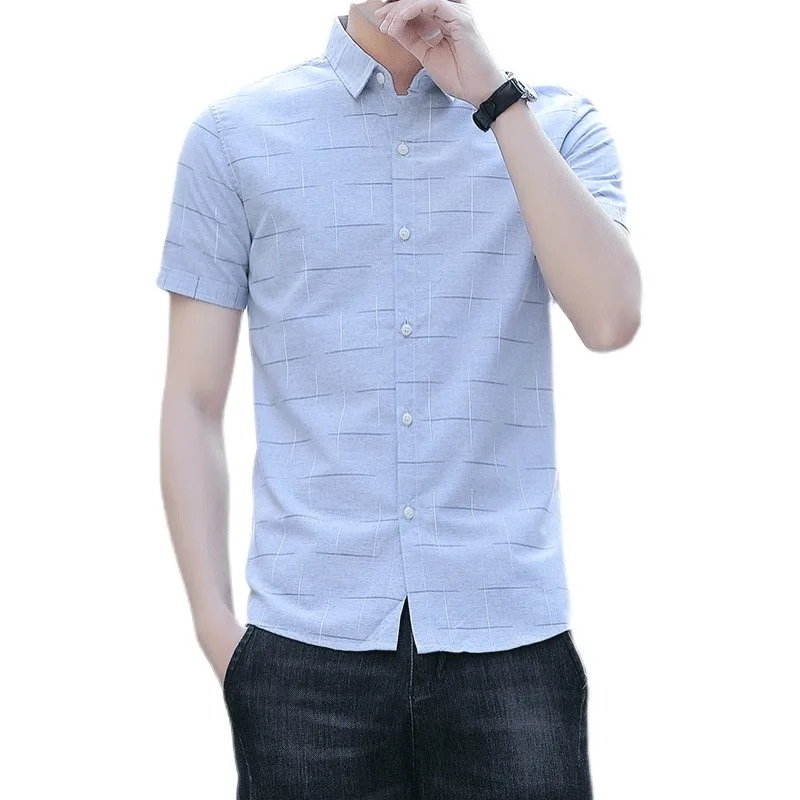 Summer Business Cotton Man Short Sleeve Khaki Blue Green Button-down Collar T Shirt Plaid Printed Fit Male Social Casual  Shirts