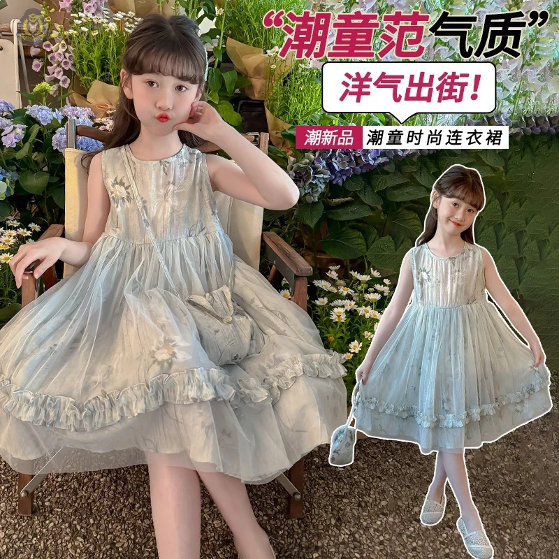 

Girls' Summer Dress2026New stylish summer mesh princess dress for girls with lace trimN\L