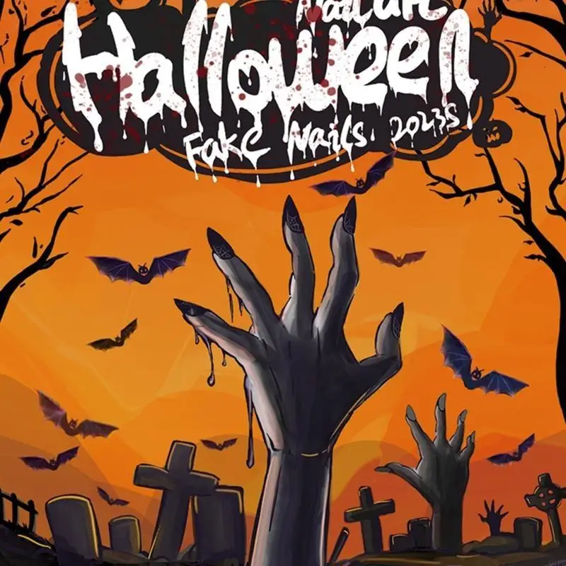 Q1FB 24PCS Długie trumna Fałszywe paznokcie Halloweenowe wzory czaszki